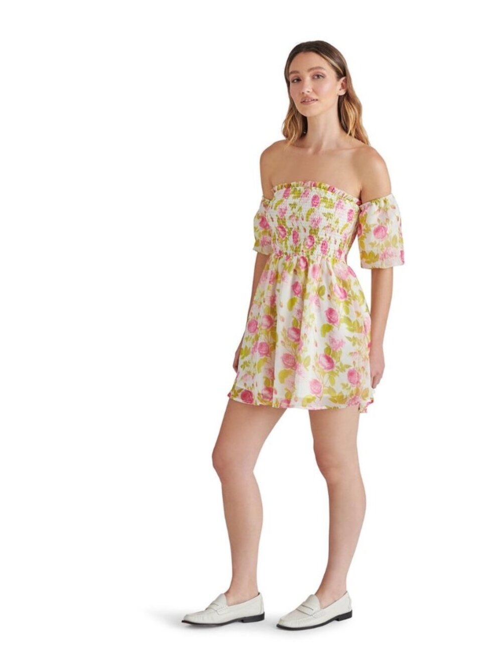 Betsey Johnson | Women's Puff Sleeve Babydoll Mini Dress | White Floral | XL/16